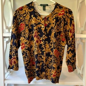 Lauren Ralph Lauren Silk Cotton LRL Crest Pattern Gold Button Cardigan Sweater L